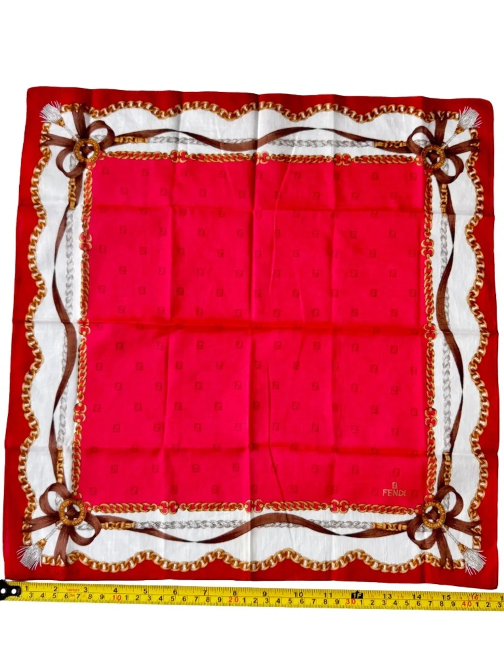 Vintage Fendi Scarf Handkerchief Neckerchief Pocket Square Chain Bow Red 17x17